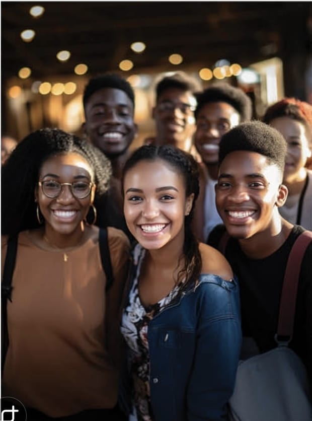 A group of diverse young friends smiling together indoors.