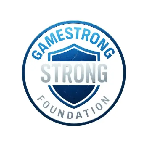 Logo of the GameStrong Foundation with a shield and bold text.